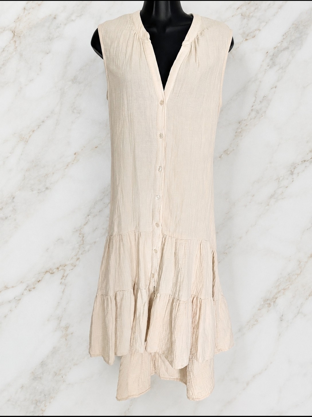 DREW Beige Gauze Sleeveless Button Front Tiered Midi Dress Belted M